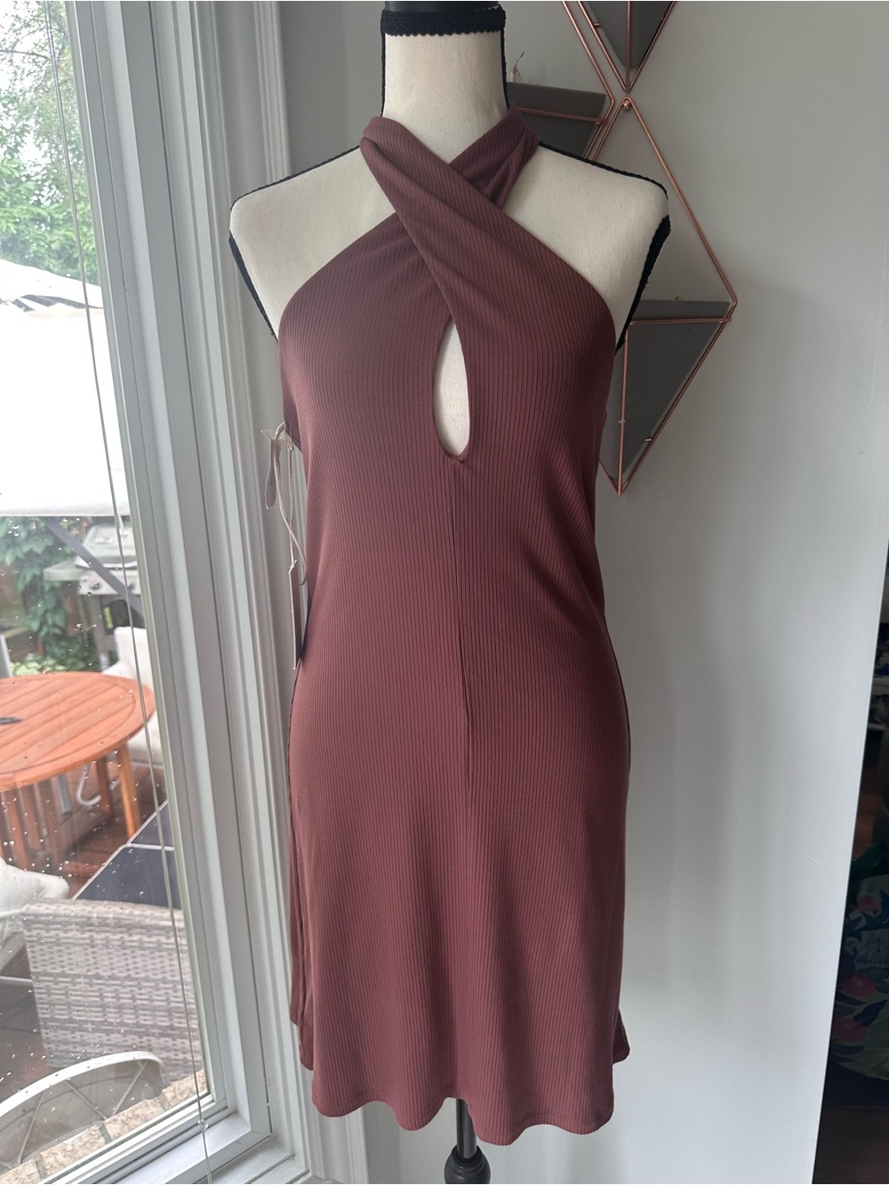 WILFRED ARITZIA Bay Cross Halter Mini Dress Mocha Mauve Brown Knit Bodycon Large